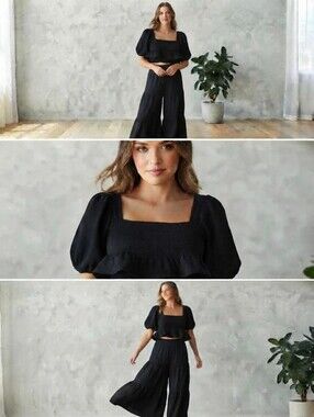 Forever 21 Black Square Neck Puff Sleeve Peplum Blouse